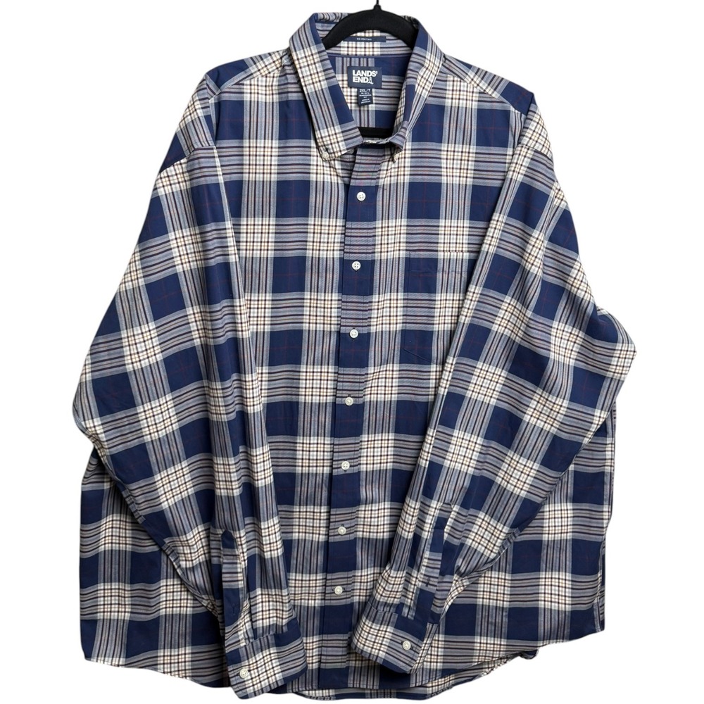 Lands End  2XL Tall No Iron Twill Plaid Button Down‎ Shirt Navy Blue White